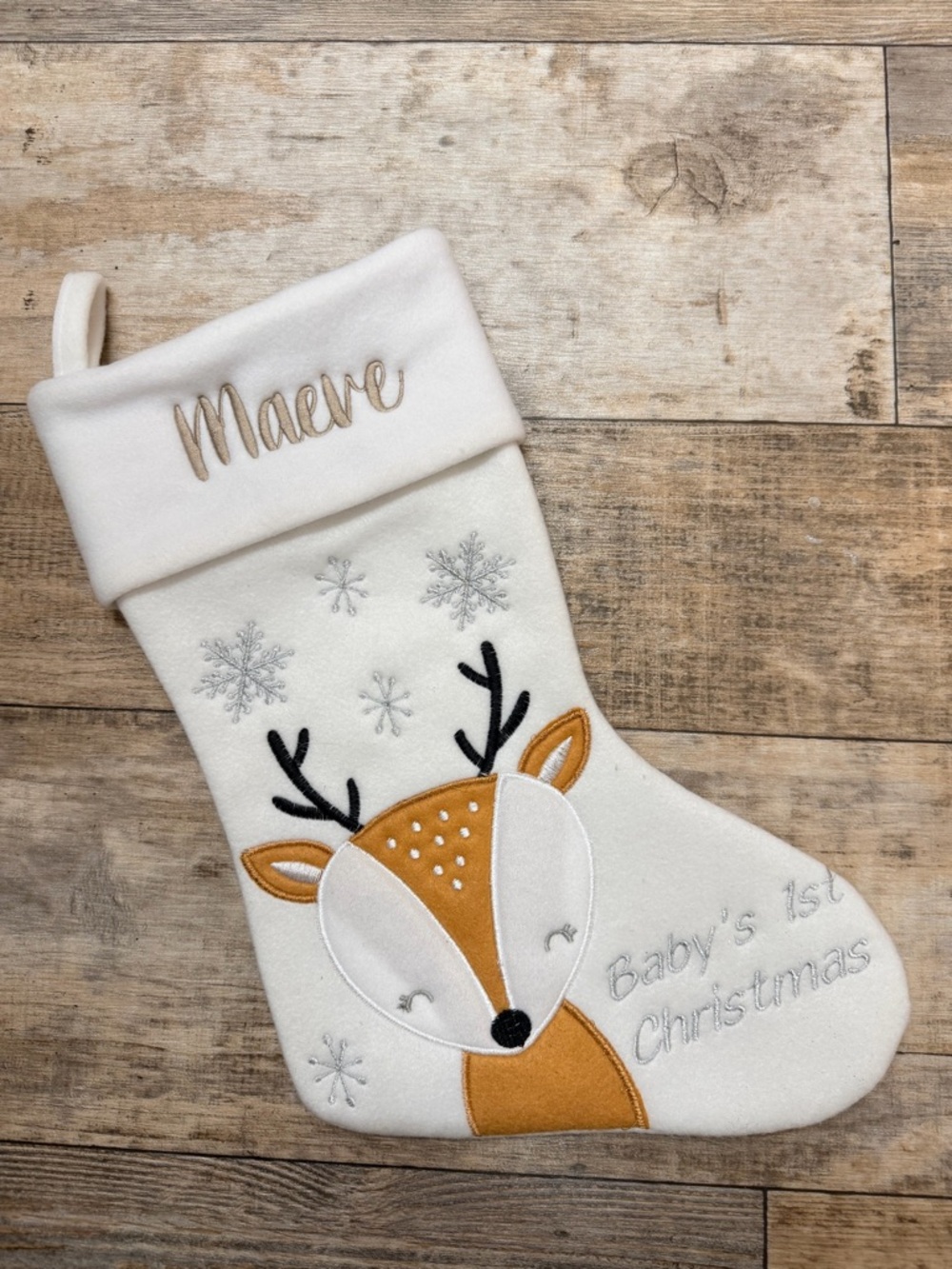 PERSONALIZED WITH MAEVE  White & Tan Reindeer Baby's 1st Christmas Stocking
